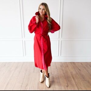 Red Button-Up Midi Dress Caryn Lawn